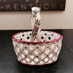 Vintage Neuwirth Hand Painted Braided Handle Basket Ceramic Floral Portugal